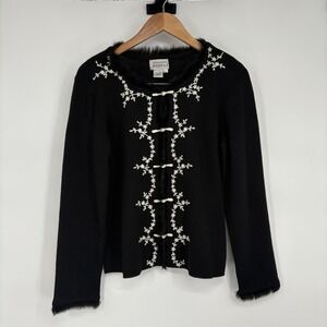 Adrinna Papell Women Wool Blend Embroidered Fut trimmed Cardigan Sweater L Black